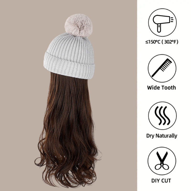 Fashion Hat Wig Brimless Cap with Long Curly Wave Hair Extensions Knitted Synthetic Removable Hairs Piece for Women Winter Use
