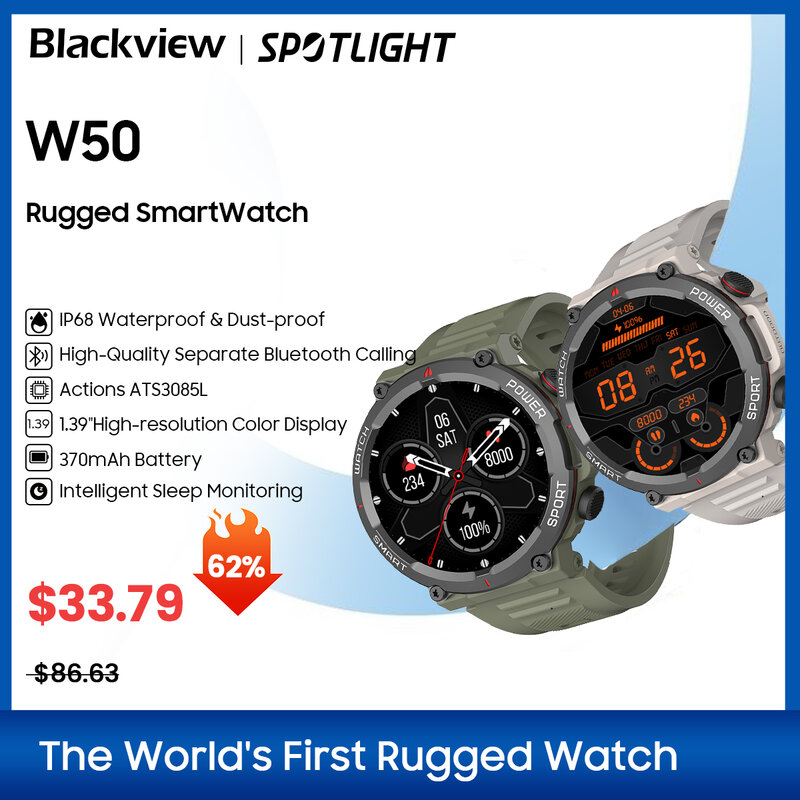 Blackview 스마트 워치 W50 방수 스마트 워치, 건강 및 피트니스 추적 시계, 블루투스 통화, 새로운 버전
