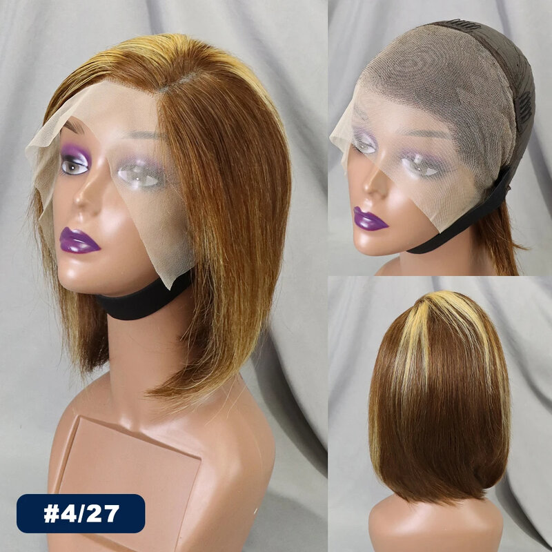 باروكات شعر بشري برازيلي مقلمة للنساء ، باروكة بوب قصيرة مستقيمة ، دانتيل شفاف ، قطع بيكسي ، 13 × 4