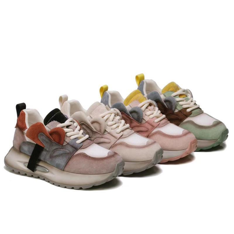 Sepatu wanita kulit asli kasual, sepatu lari sol tebal peninggi, dalaman olahraga modis, kulit asli, kasual, musim panas/Musim Semi 2024