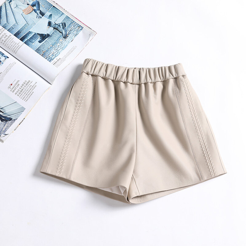 AYUNSUE-pantalones cortos de cuero genuino para mujer, pantalón corto de pierna ancha de piel de oveja de alta calidad, pantalones cortos coreanos de cintura alta, prendas de vestir, 2023
