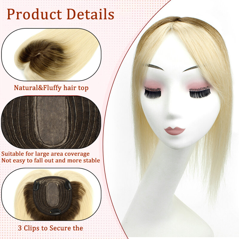 Topper rambut lurus untuk wanita Remy rambut manusia pirang hiasan rambut mesin dibuat rambut Topper dengan 3 klip rambut manusia rambut palsu T4-613