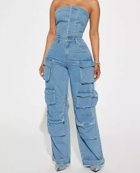 Combinaisons en denim sans bretelles pour femmes, pantalons cargo taille haute, combinaison femme, style Y2K, initié à la fibre, streetwear