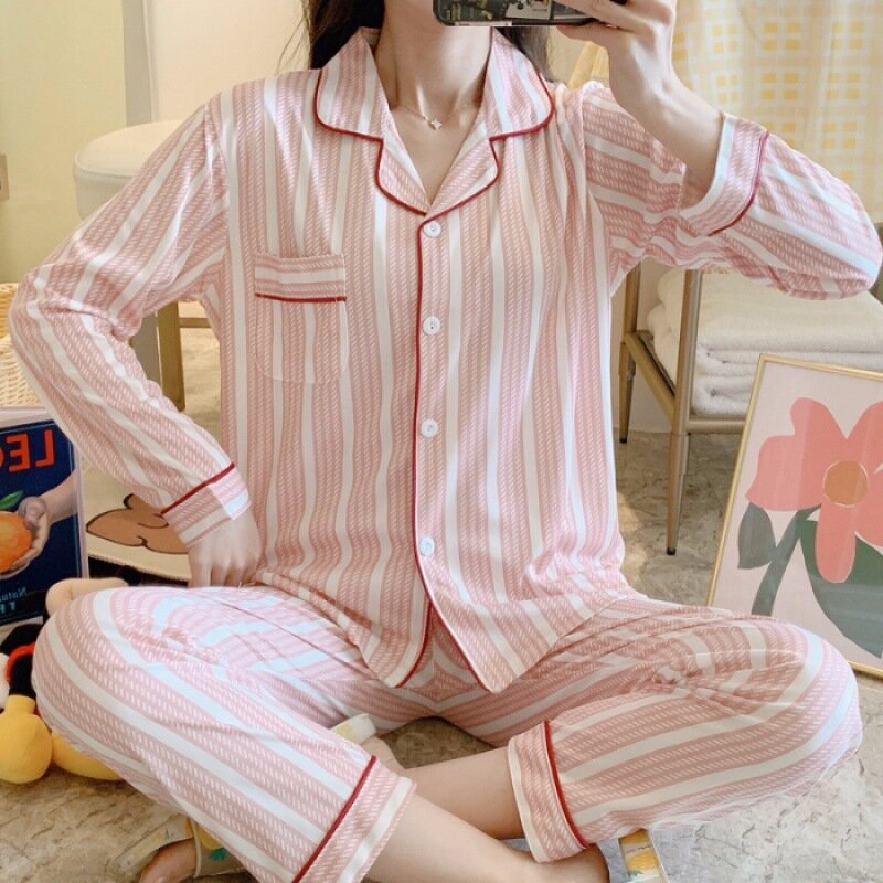 SUO & CHAO-봄 가을 만화 프린트 잠옷 세트, 여성용 긴 소매 가디건과 긴 바지 잠옷, 잠옷 홈웨어
