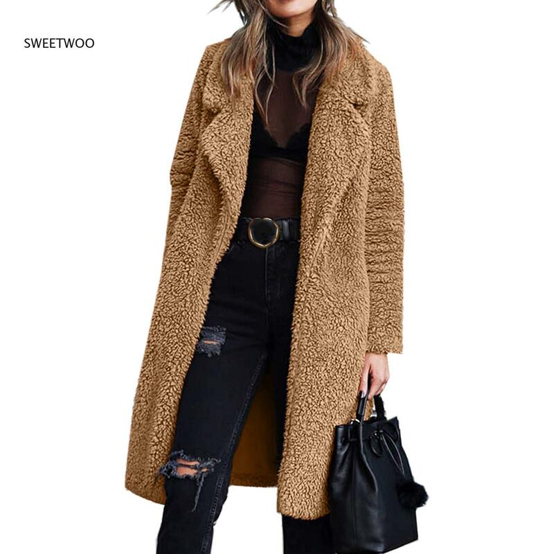 여성 모피 코트 가을, 겨울 카디건 긴팔 옷깃 양면 양털 캐주얼 솔리드 컬러 코트 2021 Faux Fur Coat