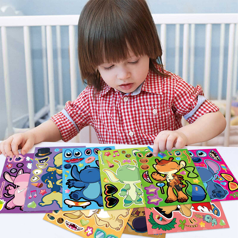 9/18 arkuszy Disney Stitch Cartoon Puzzle Naklejki Dzieci Zrób twarz DIY Śmieszne dzieci Montaż Naklejki Puzzle Zabawki do gry imprezowej