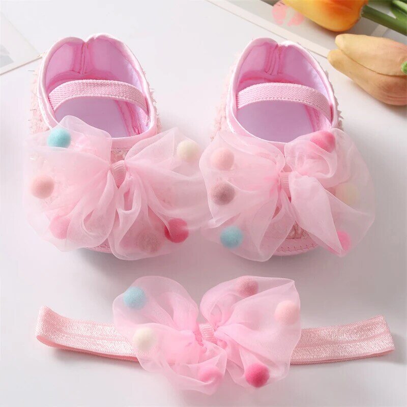 Sapatos planos para bebês, princesa sapato set, headband, feriado, presente do chuveiro do bebê, primavera e verão