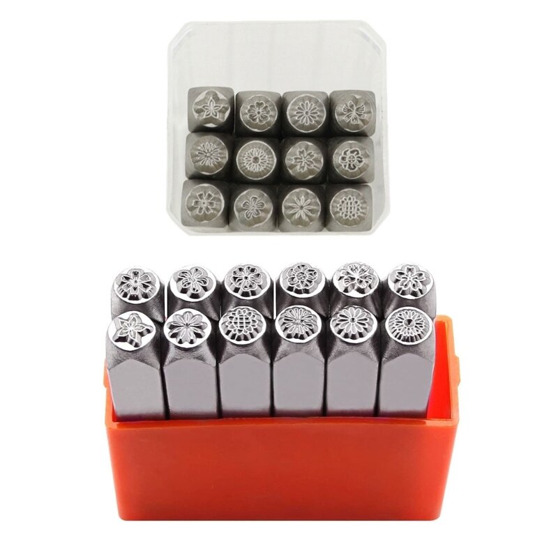 12 Stück Metallstempel mit Blumenmotiv, 3 mm, 6 mm (1/8 Zoll, 1/4 Zoll), Metallstempelwerkzeug zum Stempeln von Metall, Leder,