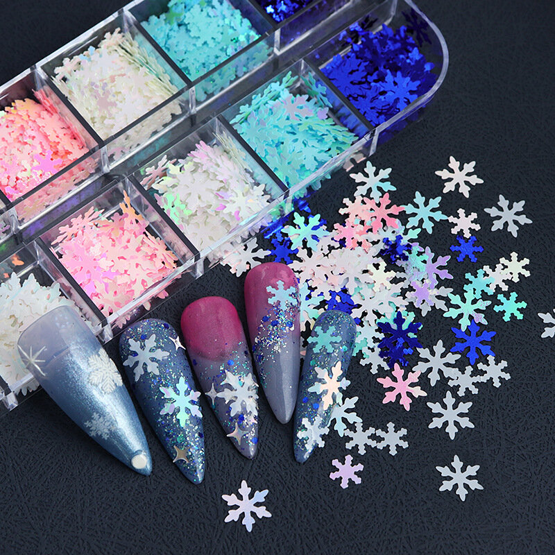 12 Grids Kerst Glitter Pailletten Winter Blauwe Sneeuwvlok Nail Art Decoraties