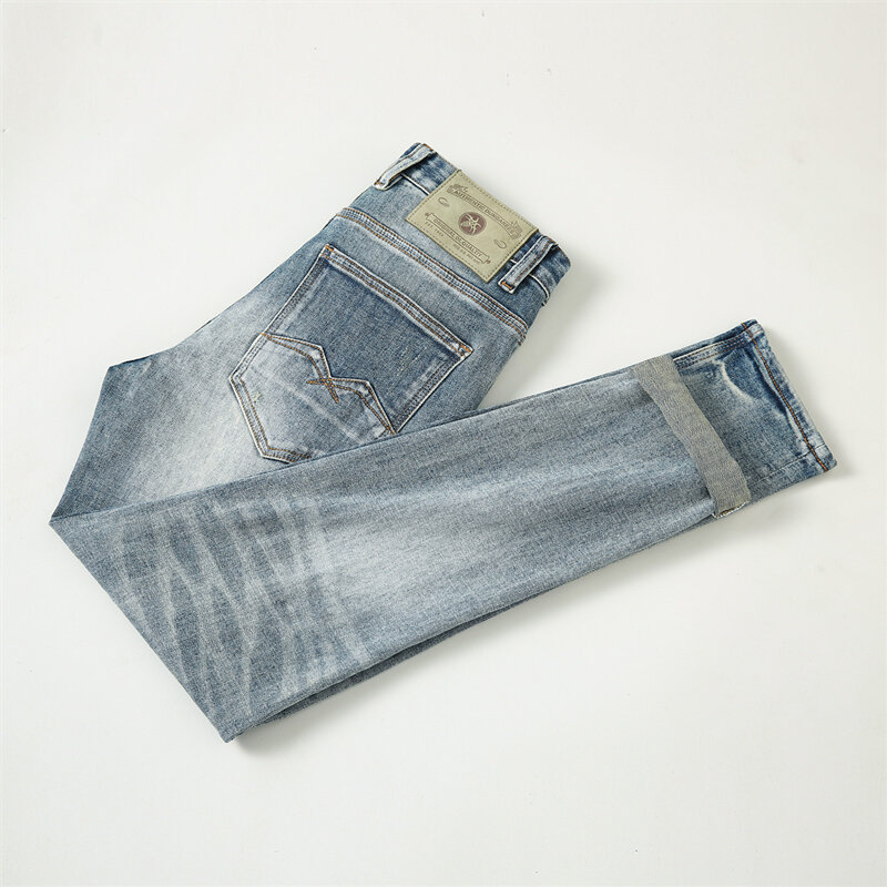 Джинсы мужские Стрейчевые в стиле ретро, дизайнерские Синие рваные джинсы Slim Fit, повседневные винтажные штаны из денима