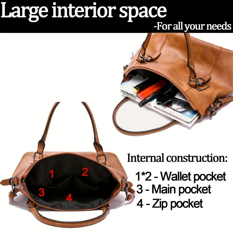 Damen Handtaschen Einkaufstasche weiche PU-Leder-Retro-Designer mit großer Kapazität, lässig, Damen-Schulter-Umhängetasche