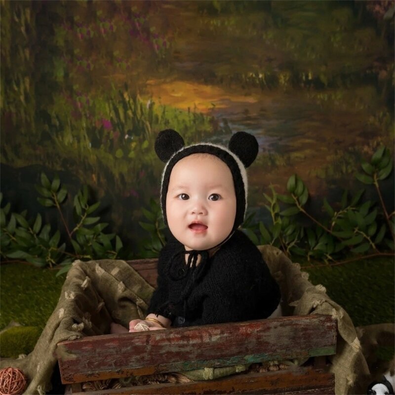 K5DD Alat Peraga Fotografi Bayi Kostum Jumpsuit Topi Telinga Panda Alat Peraga Pesta Mandi Bayi
