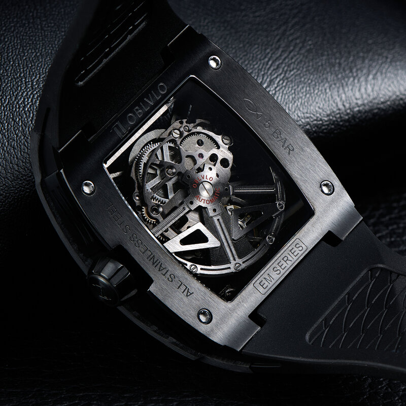 OBLVLO Top นาฬิกาแบรนด์นาฬิกาสปอร์ตสำหรับ Man Square Skeleton นาฬิกาอัตโนมัตินาฬิกากลไก Tali Jam Tangan Karet นาฬิกา EM-ST