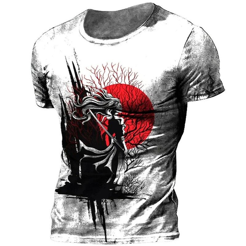 Camiseta retrô estilo rua masculina, estampa samurai extra grande, manga curta, moda japonesa, nova, 2024