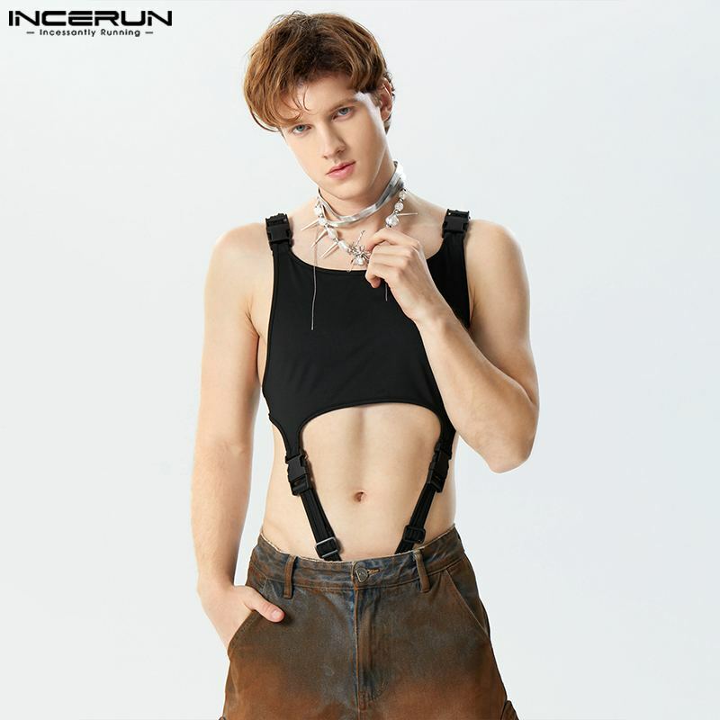 INCERUN 2024, seksowne body w stylu odzież męska Casual kombinezony z klamrą stylowa, cienka, wydrążona odzież domowa bez rękawów S-5XL