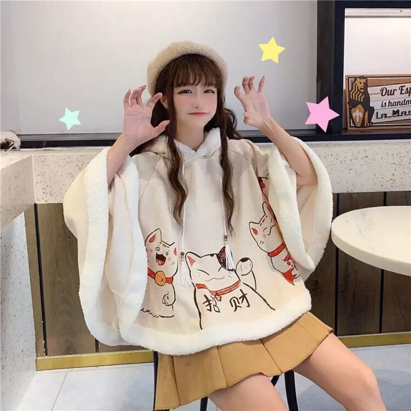 Cute Cat Ears Girl Warm Cloak Autumn and Winter Harajuku Lolita Velvet Thick Kawaii Shawl Student Anime Coat Cartoon Accessories