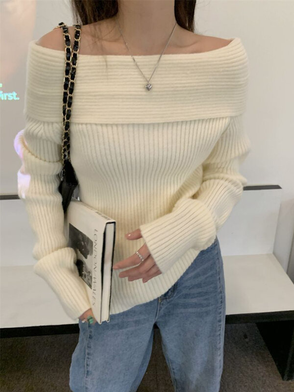 Pullovers Women Knitting Simple Solid Design Autumn Elegant Tender Slash Neck All-match Daily Cozy Sweet Casual Temperament Chic