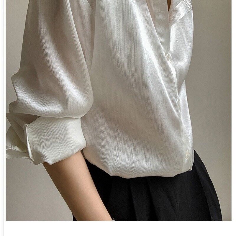 QWEEK White Satin Long Sleeve Shirt Woman Office Ladies Vintage Elegant Button Blouse Spring Old Money Aesthetic Korean Trend