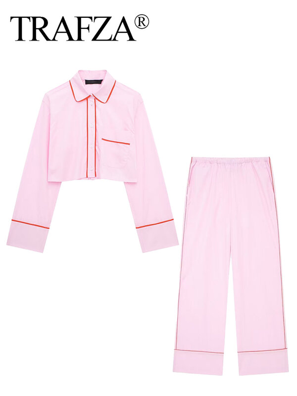 TRAFZA donna 2024 camicie monopetto a maniche lunghe con colletto rovesciato rosa alla moda + pantaloni a gamba larga con lacci a vita media abiti primaverili