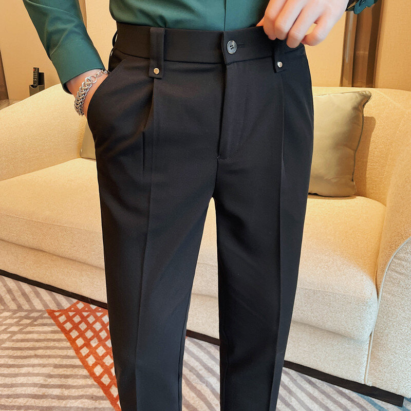 Celana setelan gaya Inggris untuk pria, celana panjang pergelangan kaki kualitas tinggi, celana bisnis Formal pria Slim Fit semua cocok
