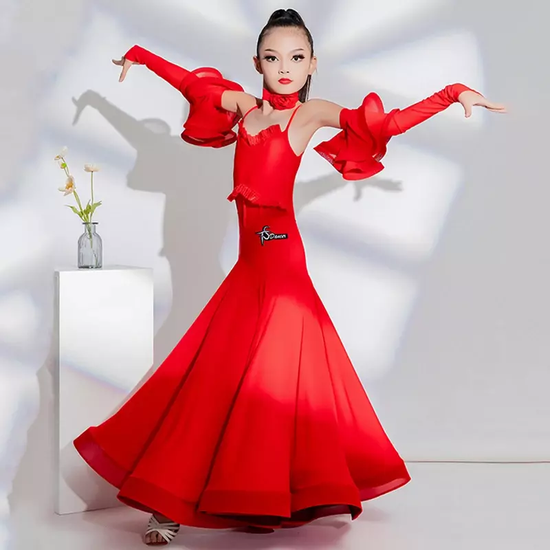 2024 Girls Ballroom Dance Competition Dress Red Performance Costume Kids Waltz Dance ClothesProm Latin Dress Stage Wear