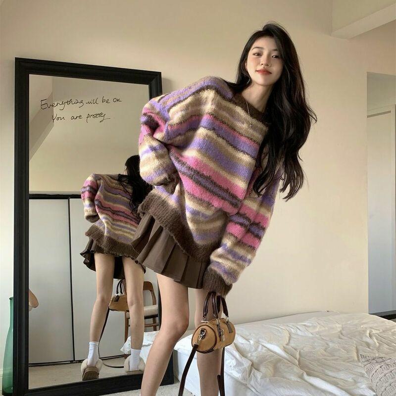 2023 Korean Fashion Sweater Vintage Striped Medium Long Sweater for Women Loose Soft Waxy Gentle Pullover Sweater Tops J103