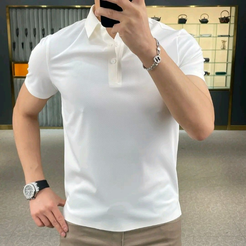 Letnia nowa koreańska modna prosta koszulka Polo z klapami męska jednokolorowe guziki oddychająca uniwersalna modna bluzka z cienkie krótkie rękawem