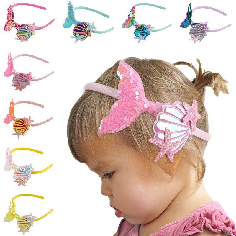Diadema de sirena con lentejuelas para niña, diadema de concha brillante para el pelo, accesorios para el cabello, 1 unidad