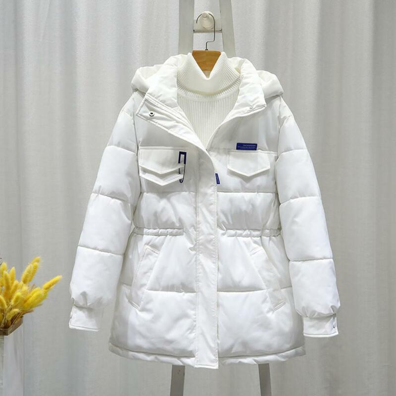 여성용 겨울 다운 코트, 두꺼운 방풍, 방한, 후드 포켓, 타이트한 허리, 긴팔, 루즈한 여성 야외 재킷