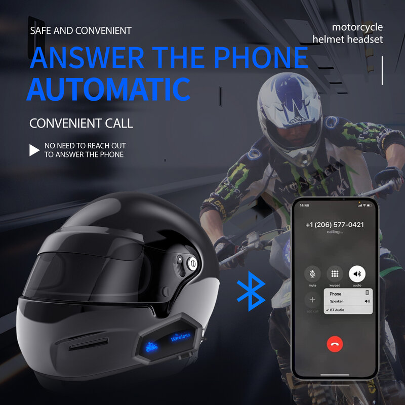 Casque de moto étanche compatible Bluetooth, casque de moto sans fil, casque de musique, appel mains libres, A1