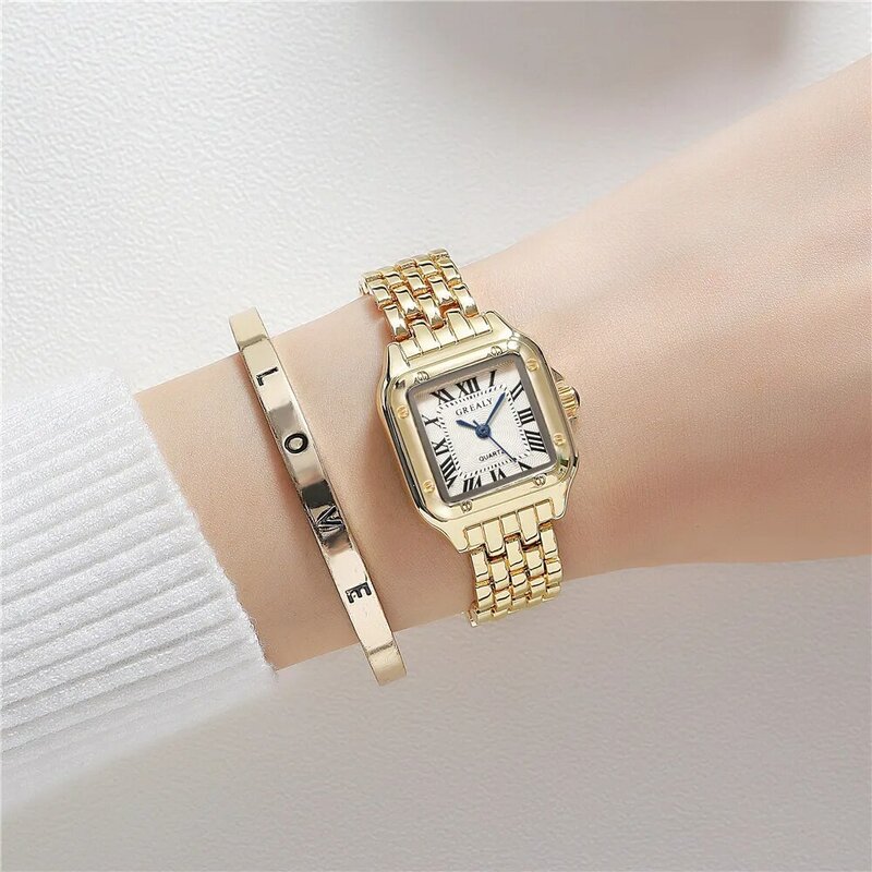Moda damska kwadratowe zegarki pasek ze stopu złota 2024 luksusowe damskie zegarki kwarcowe cechy kobiecy zegar ze skalą rzymską