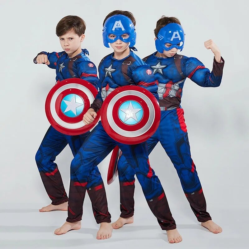 Capitão América Cosplay Costume para Crianças, Super-Heróis, Músculo, Macacão, Escudo, Halloween, Carnaval, Festa