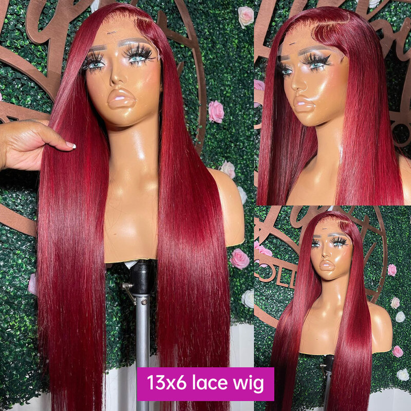 Sophia-Perruque Lace Front Wig Naturelle Lisse, Cheveux Humains Colorés, Bordeaux 99J, 13x6 HD, 30 36 Pouces, en Vente
