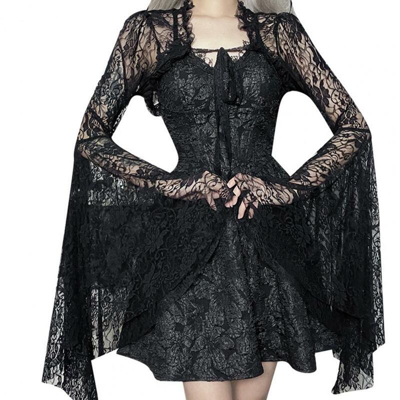 Elegant Lace Cardigan Elegant Vintage Black Lace T-shirt with Flared Sleeves Sexy See Through Smock Top Cropped for Women