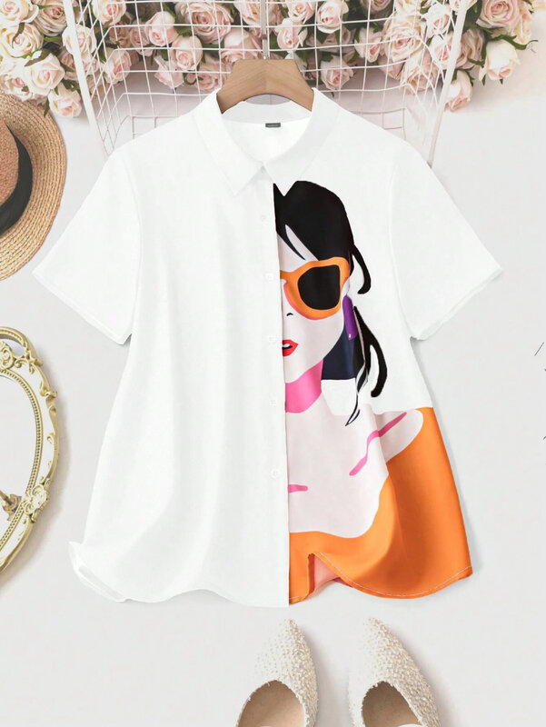 女性の3Dプリントフィギュアシャツ,半袖,エレガント,ボタントップ,婦人服,夏のファッション,新しい2024
