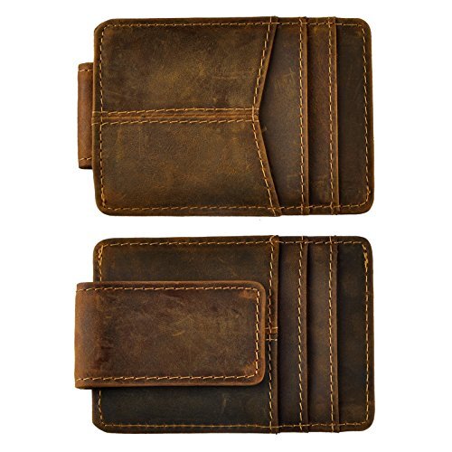 Cartera de cuero genuino para hombre, billetera pequeña de alta calidad, estilo Vintage, con Clip magnético, para tarjetas de crédito y efectivo, 1058