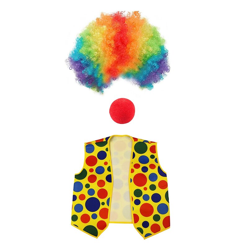 3er Pack Clown Kostüm Set Clown Perücke Nase Weste für Halloween Cosplay Partys Karneval verkleiden Rollenspiel