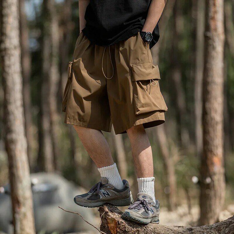 Свободные рабочие шорты с большими 3D Карманами Для Мужчин, летние повседневные спортивные штаны из эластичной веревки в японском стиле с пятью частями