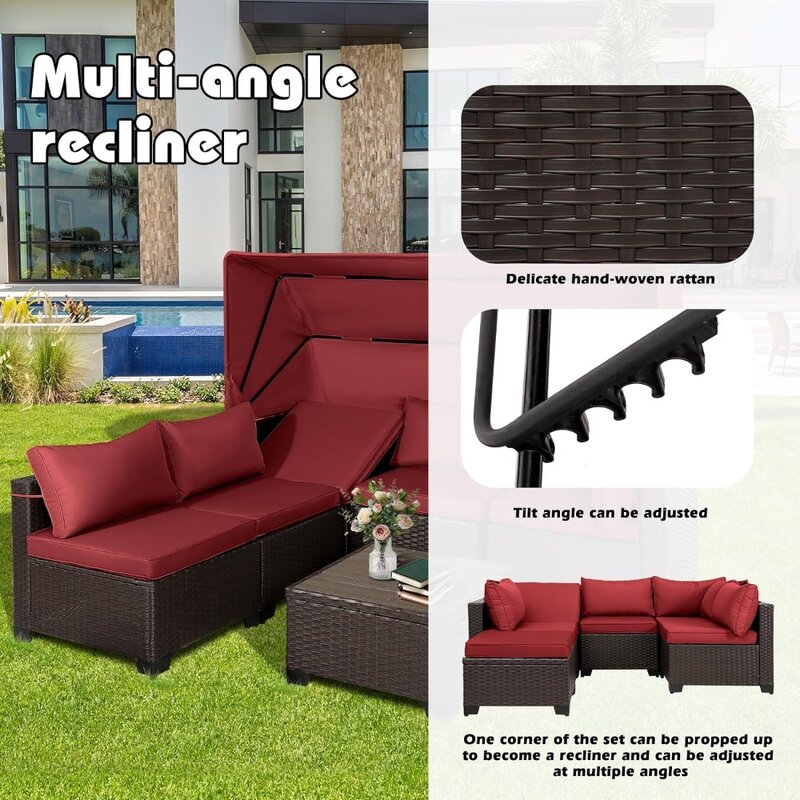 Daybed with Retractable Canopy, 7 Pcs Rattan Sectional Sofa Set with Adjustable Backrest for Free Shipping, Patio Furniture Set