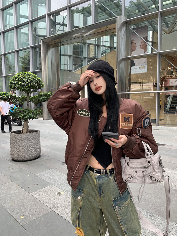 Thickened Cotton Patchwork Baseball Jacket Down Coat 2024 Women's Autumn And Winter American Short Jacket