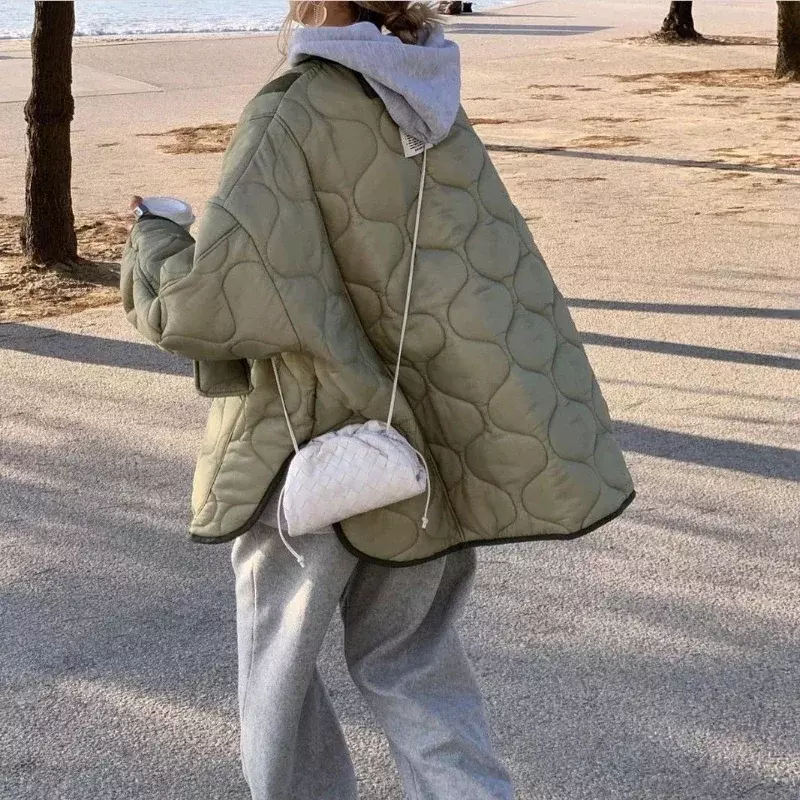 Parka de algodão de manga comprida solta feminina, casacos com gola redonda, jaquetas finas, outwear feminino, outono, roupas de inverno, 2021