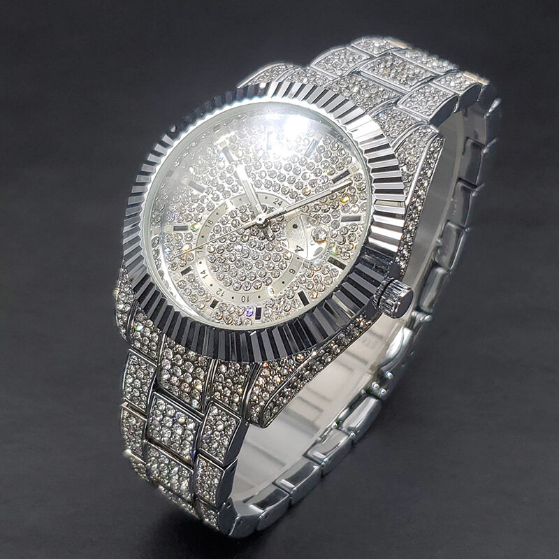 Relógio de pulso de diamante para homens, relógio automático redondo, prata 5a zircão, gelado, hip hop, dropshipping, marca de luxo, moda, novo