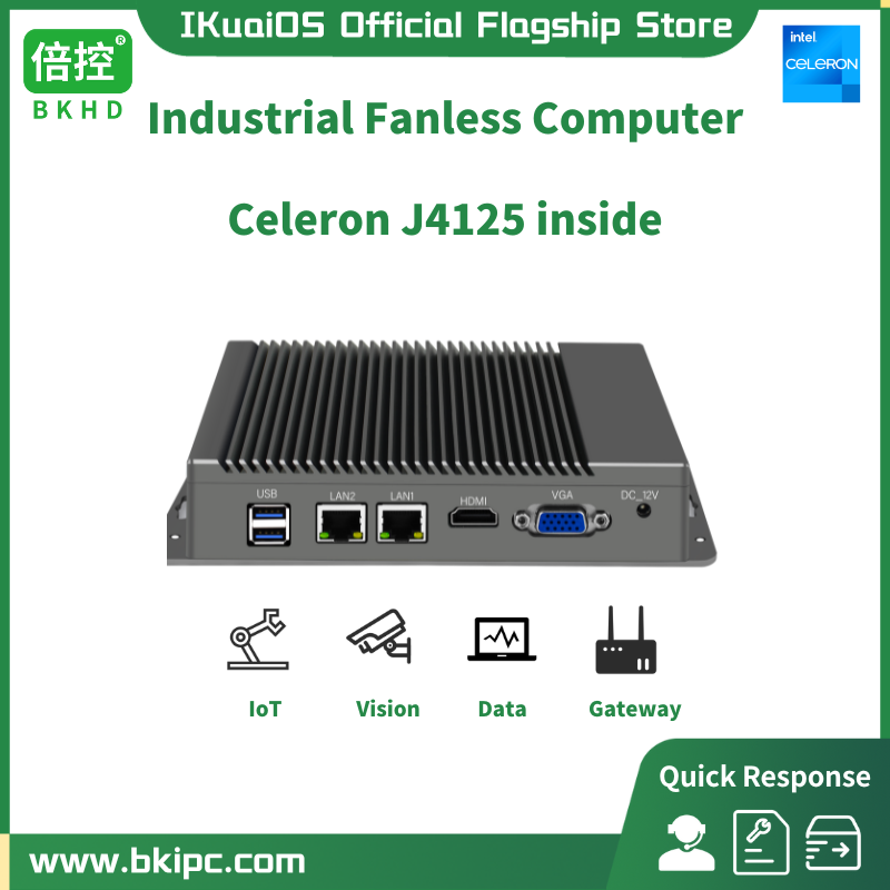 IKuaiOS-G40 Fanless Nano IPC Celeron, J4125, 2x1 Gbps, LAN para automação, visão de máquina IoT, DAQ, 2xRS232, BKHD-1090