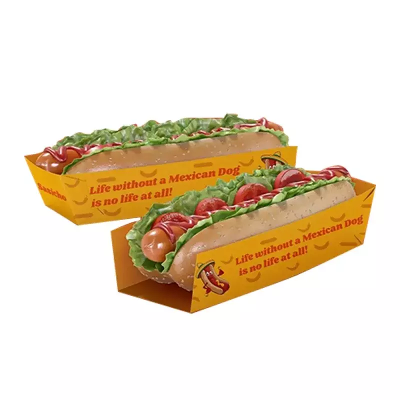 Produk kustom pembuangan kotak anjing panas cetak kustom wadah makanan cepat kemasan kotak kertas Kraft untuk makanan ringan Burger Sa