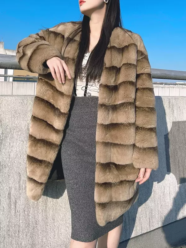 Mantel Bulu Rea Jaket Bulu Kelinci Rex Musim Dingin untuk Wanita Mantel Bulu Panjang Sedang Jaket Bulu Gradien Tinggi Wanita Abrigos Mujer
