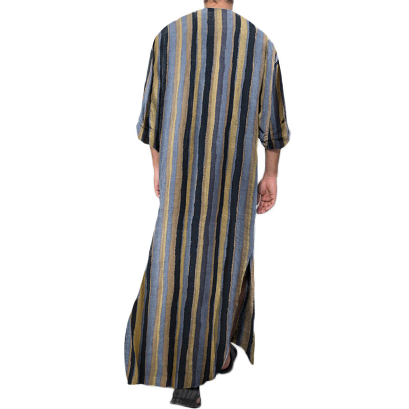 Fashion Striped Printing Long-sleeved Top Muslim Style Robes For Male Round Neck Loose Ethnic Style Men's Blouse With Pocket