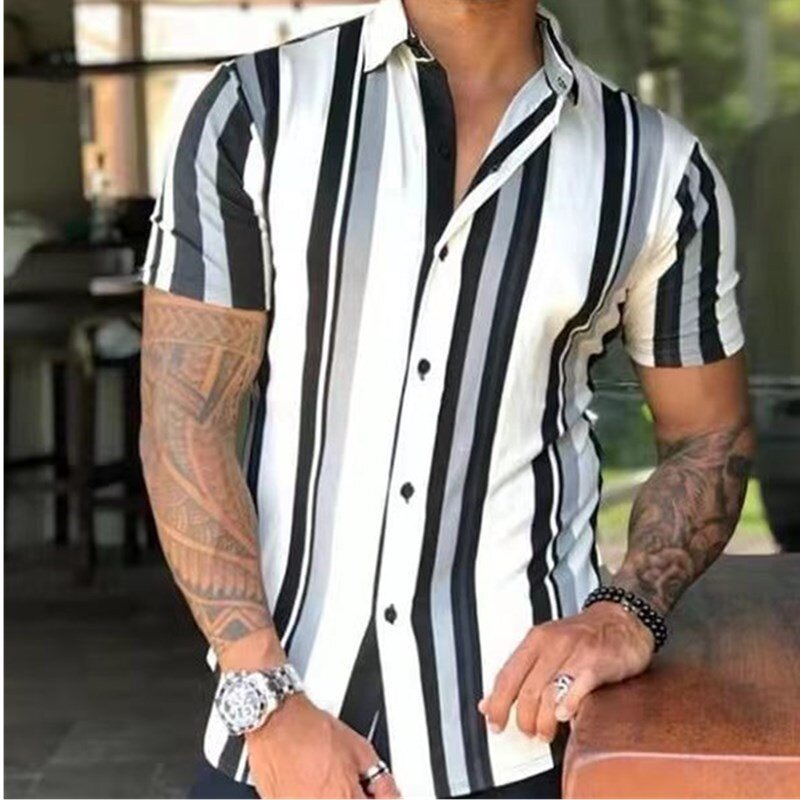 Summer men's short-sleeved shirt vertical stripes fashion casual men's shirt 2024 men slim top
