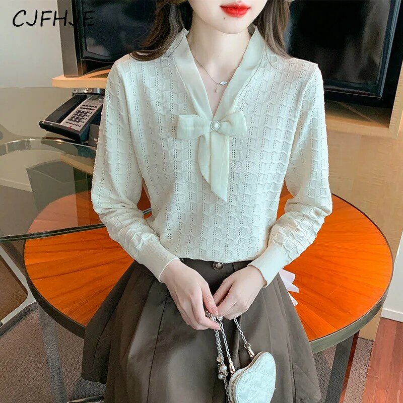 CJFHJE-suéter de manga larga con lazo para mujer, prenda de punto con parte inferior de punto fragante, versátil, estilo francés Vintage, elegante, novedad