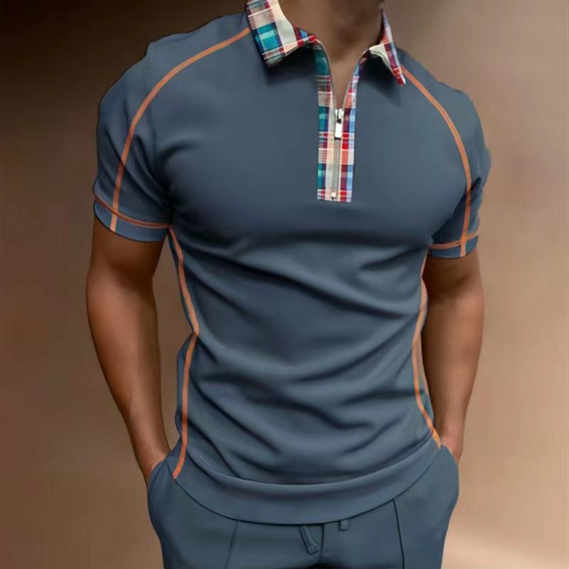 High Quality Summer Men Tees Polo Shirts Striped Casual Short Sleeve Mens Shirts Turn-Down Collar Zipper Patchwork Polo Shirt