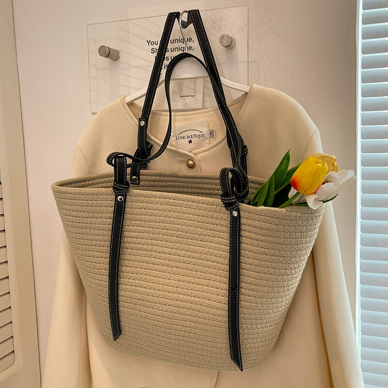 2023 new cotton rope large capacity woven bag fashion black belt single shoulder straw woven bag casual women's bag beach bag